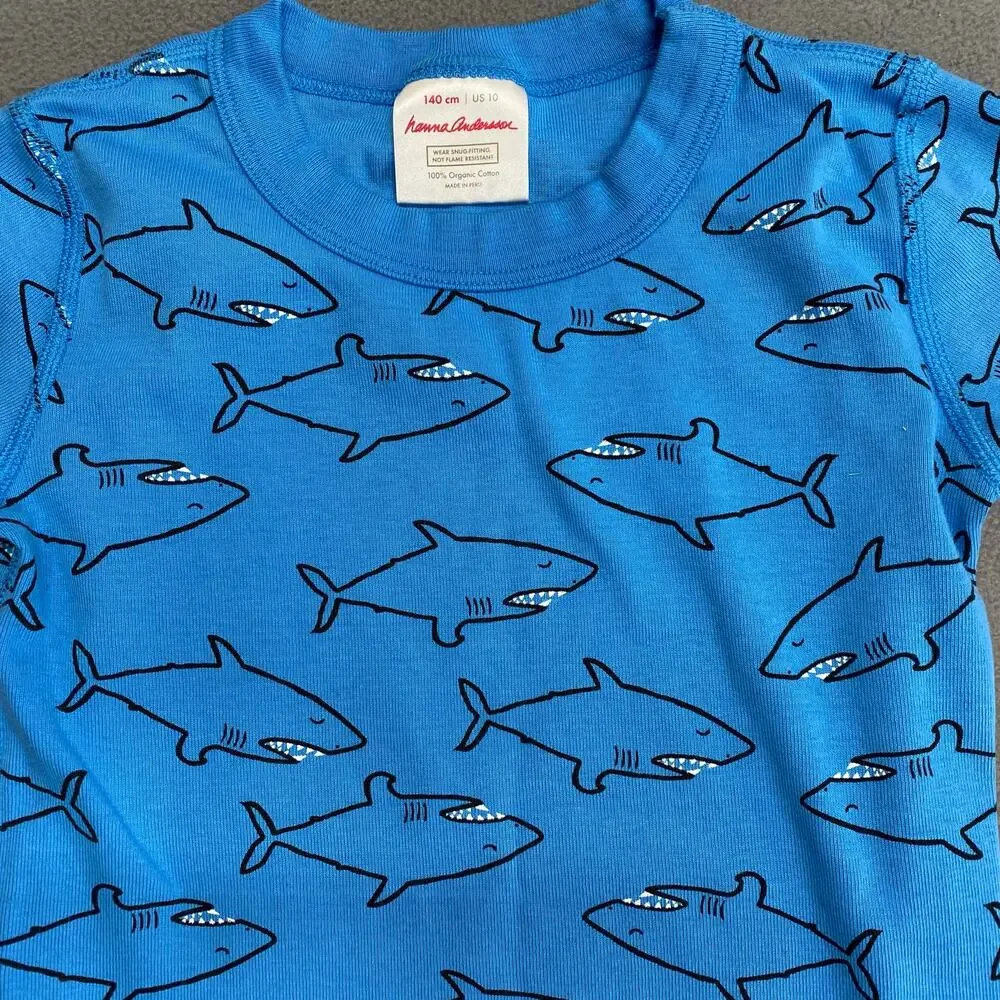 Hanna Andersson Short Sleeve Pajama Top Kids‎ 10 Organic Cotton Blue Sharks